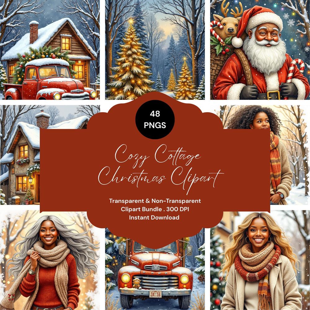 Cozy Cottage Christmas Clipart Bundle | African American 