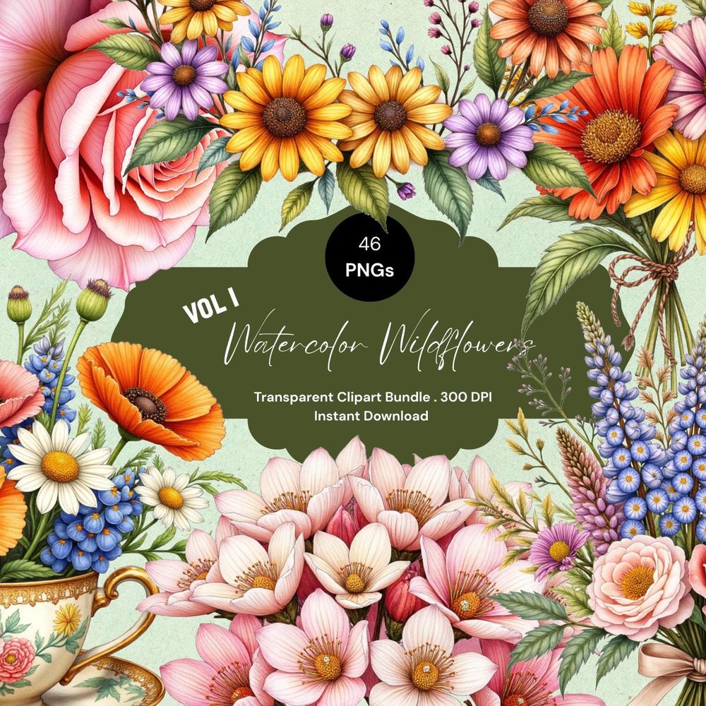Wildflower Magic: 46 Stunning Watercolor Clipart PNG